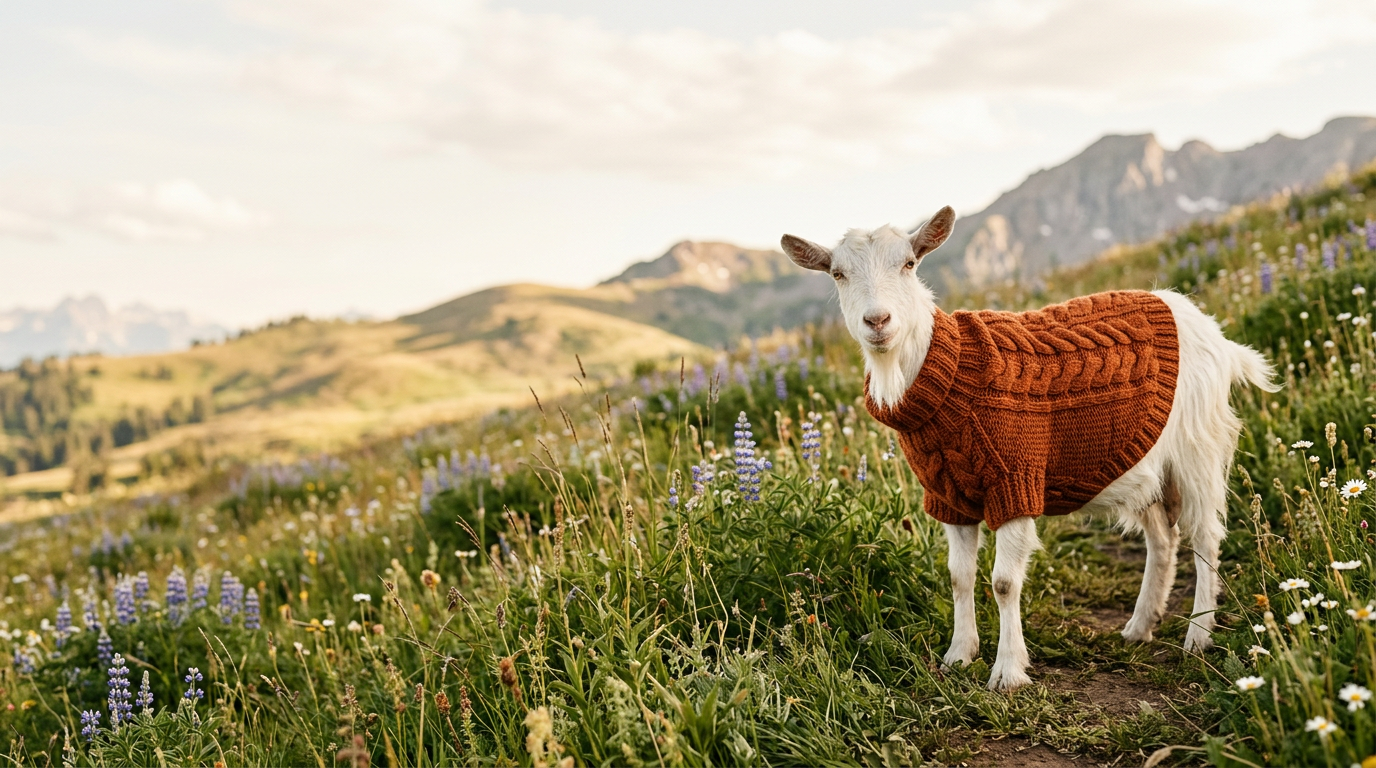 A happy goat wearing a cozy sweater in a mountain meadow